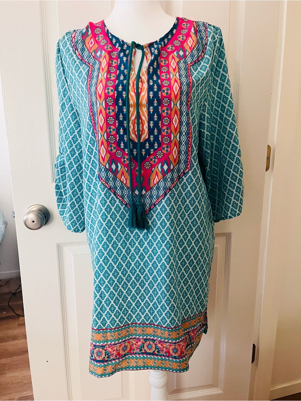 Teal Printed Tunic with Pink Embroidered Yoke and Tassel Tie